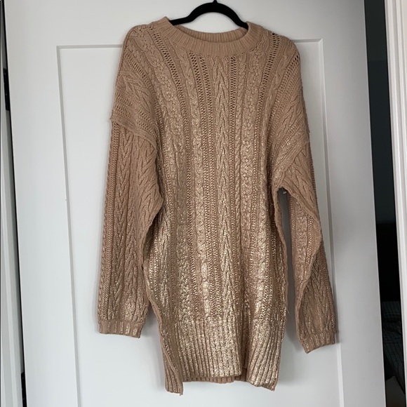 Small FREE PEOPLE Gold Sweater Good As Gold Dress - Picture 2 of 5